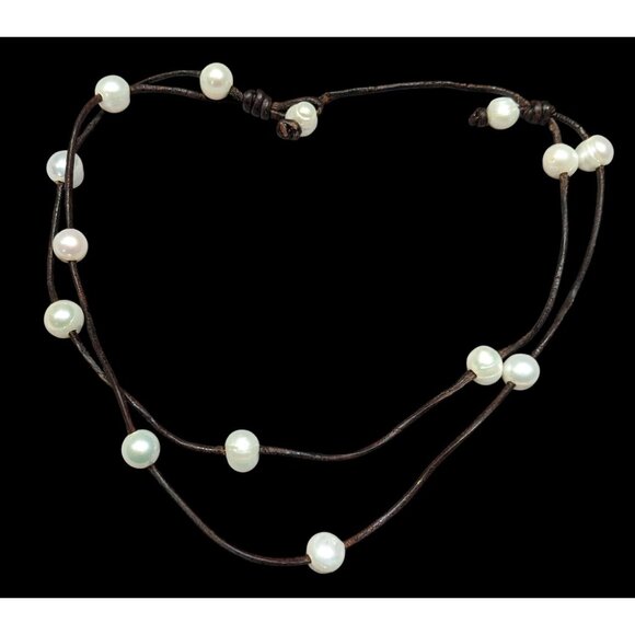 Elegant Bohemian Layered Pearl Studded Brown Leather Cord Necklace - Picture 2 of 5